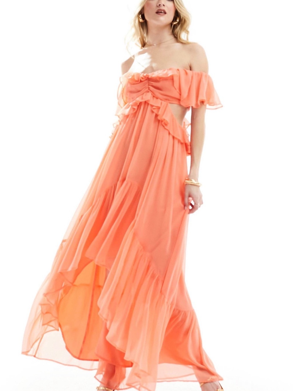 ASOS Coral Off-Shoulder Ruffle Maxi Dress